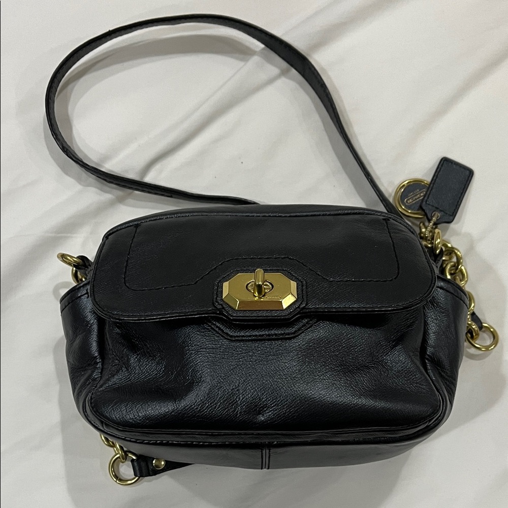 Coach Dark Navy With Shimmer Leather Crossbody Bag with Gold Accents